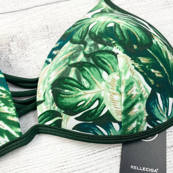 NEW RELLECIGA designed in Paris Gold Shimmer Green Leaf Tropical Bikini Top L - Picture 3 of 8